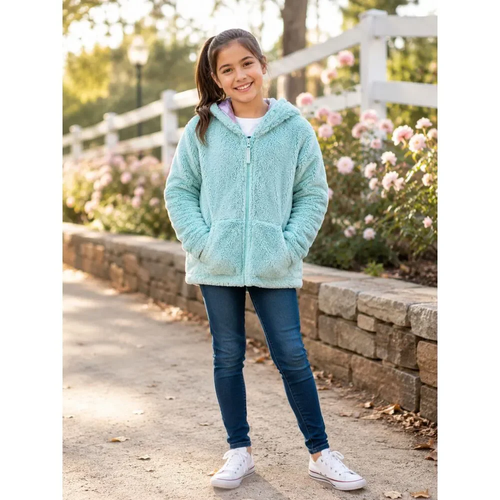 Teal Seafoam Green Cat & Jack Fluffy Zip Up Unicorn Sweater Large 10/12 Winter